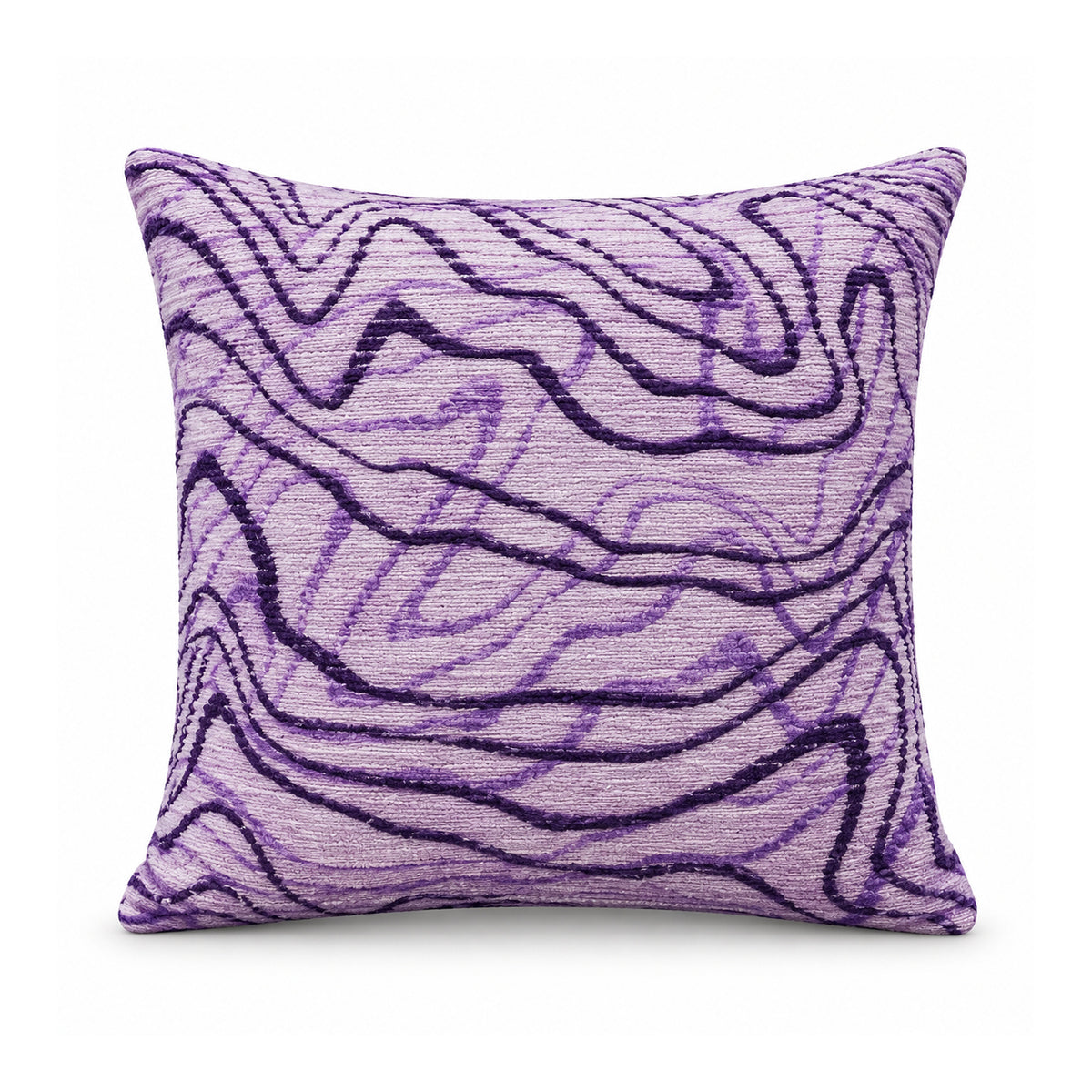Primeval decorative throw cushion with lavender purple and violet flowing wavy contour lines