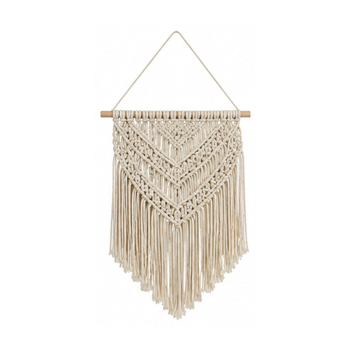 Layered chevron cotton macrame wall hanging with neutral knotwork and fringe