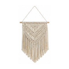 Layered chevron cotton macrame wall hanging with neutral knotwork and fringe