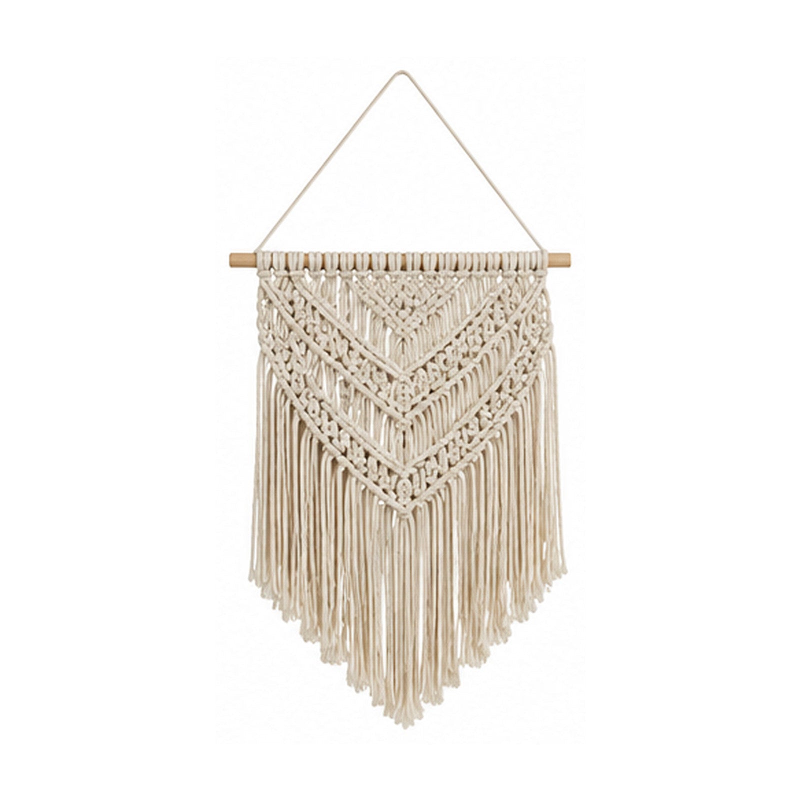 Layered chevron cotton macrame wall hanging with neutral knotwork and fringe