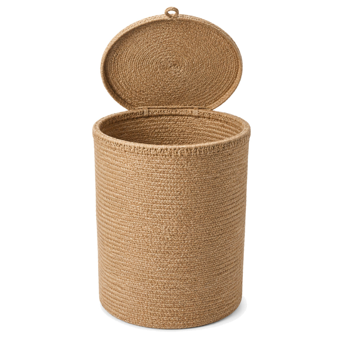 Primeval lidded natural jute laundry basket with matching woven lid on a white background