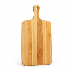 Pale honey-brown wooden paddle cutting board with wide gently rounded rectangular face, long narrow upper handle and drilled hanging hole