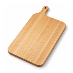 Light golden wooden paddle cutting board with elongated rectangular face, rounded lower corners, short hanging handle and visible linear grain