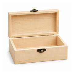 Open rectangular pale-wood jewelry keepsake chest with simple hinged lid, empty interior and dark antique-style metal clasp