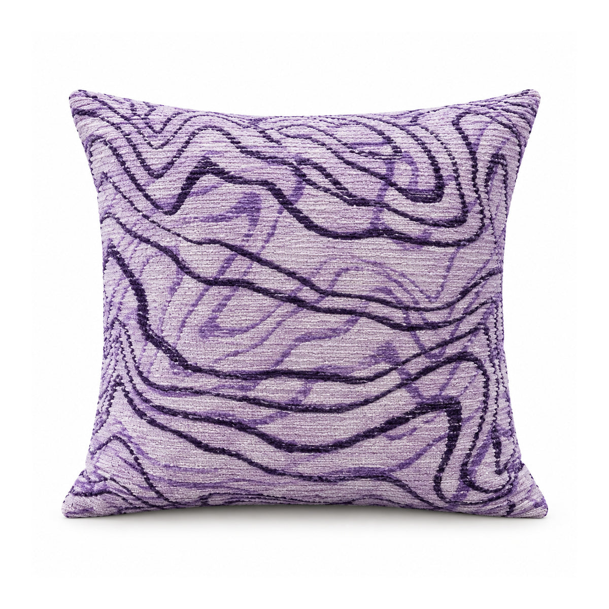 Primeval decorative throw cushion with lilac purple and deep violet flowing abstract contour lines, shown against a white background