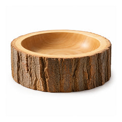 Round wooden bowl with smooth shallow carved center and thick natural bark-covered outer rim