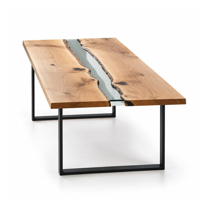 Rectangular dining table with two live-edge wooden slabs, dark blue-grey river-style center and black metal frame legs