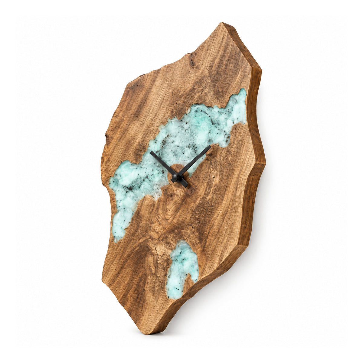 Irregular live-edge wooden slab wall clock with pale turquoise river-style inset and minimal slim black clock hands