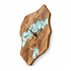 Irregular live-edge wooden slab wall clock with pale turquoise river-style inset and minimal slim black clock hands