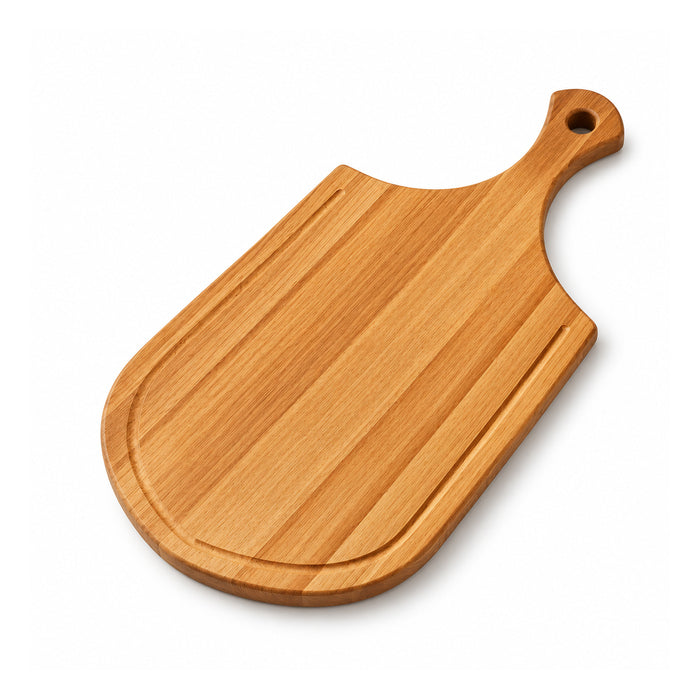 Elongated light honey wooden paddle serving board with oval rounded lower end, long slim handle, hanging hole and inset perimeter groove