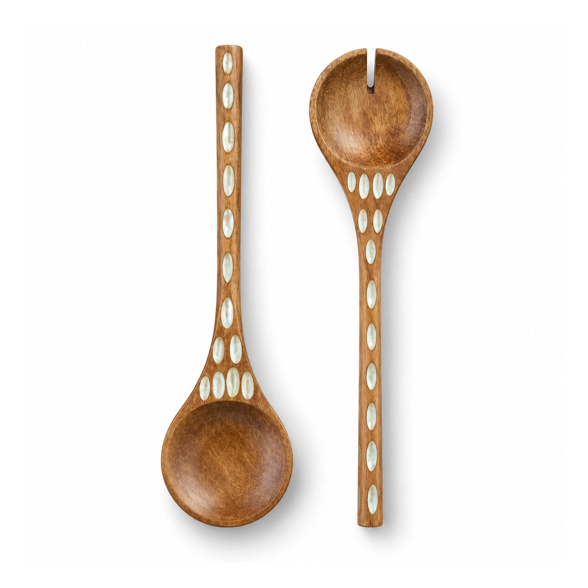 Pair of long wooden serving spoons with perforated decorative oval inlay patterns on slender handles