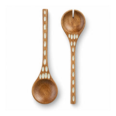 Pair of long wooden serving spoons with perforated decorative oval inlay patterns on slender handles