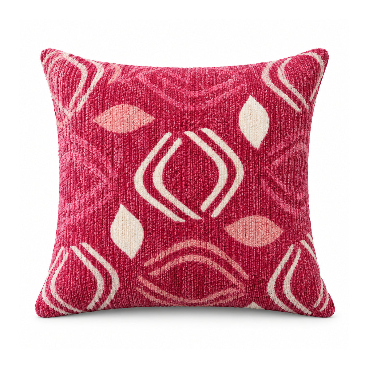 Primeval decorative throw cushion with magenta pink, pale pink, and white retro geometric shapes, shown against a white background