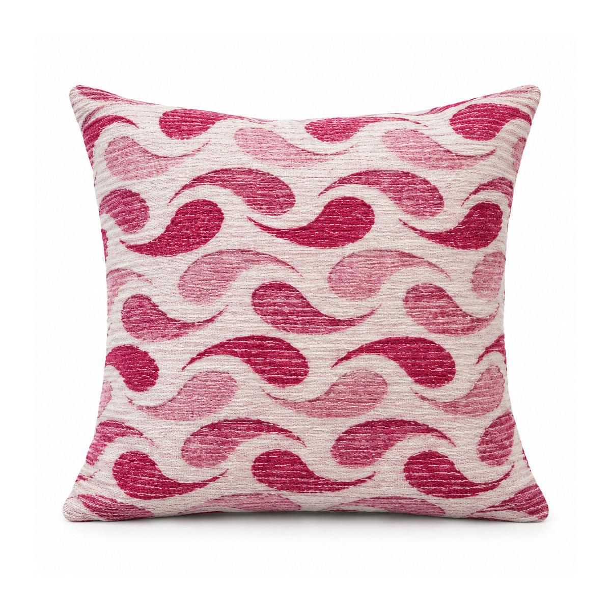 Primeval magenta rose pink and blush cushion cover with repeating flowing S-shaped wave motifs on ivory