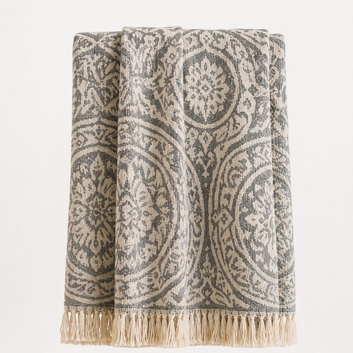 Grey Medallion Jacquard Throw with Fringe - Primeval