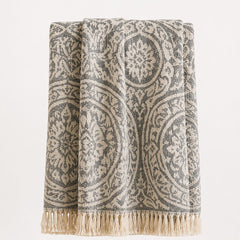 Grey Medallion Jacquard Throw with Fringe - Primeval
