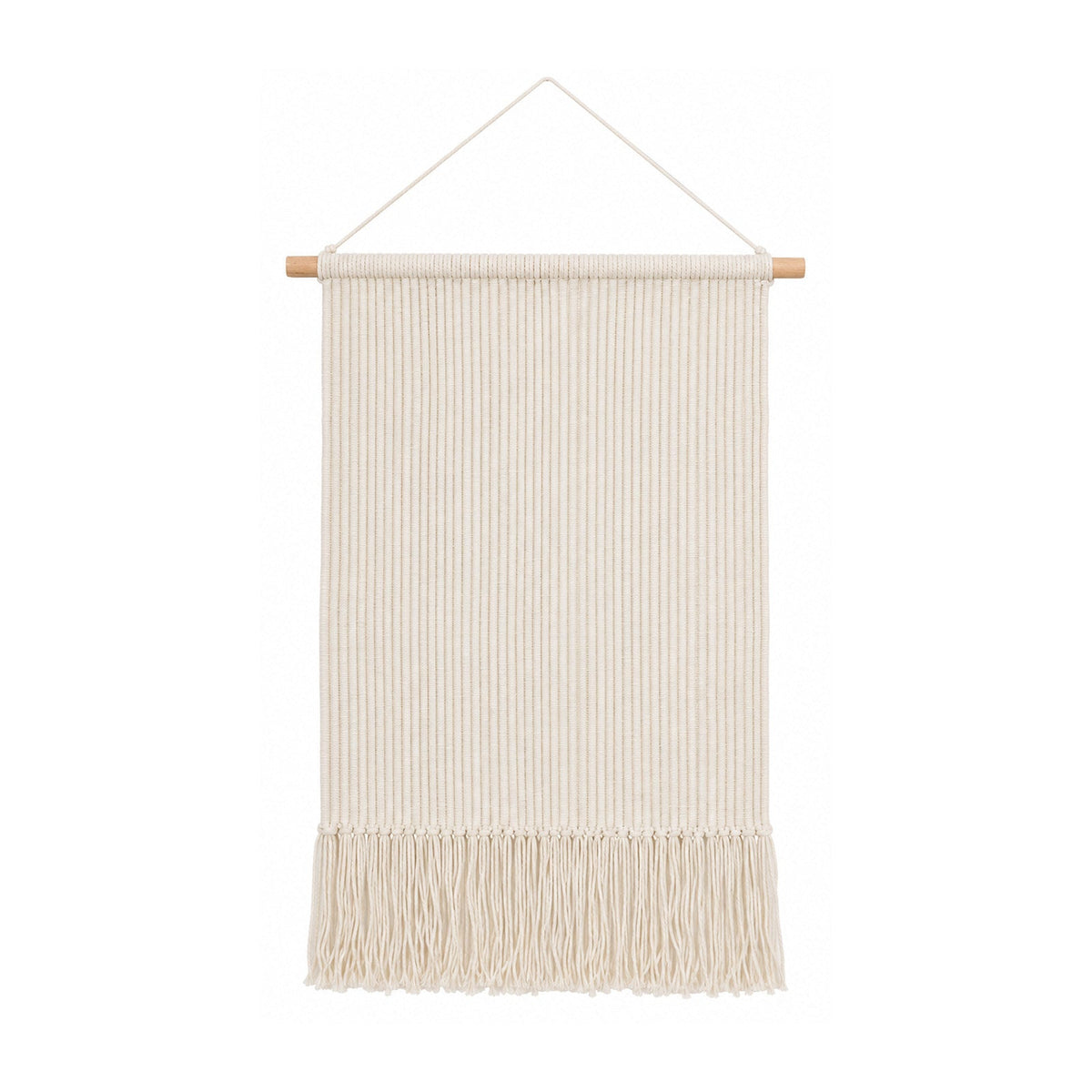 Minimal cream cotton macrame wall hanging with clean vertical cords and soft fringe