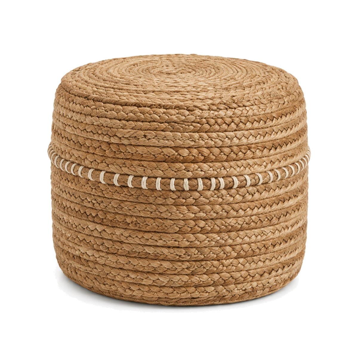 Natural braided jute round pouf with subtle ivory loop stitch detail