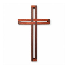 Minimal rectangular outline Christian wall cross in reddish brown wood with narrow hollow central sections