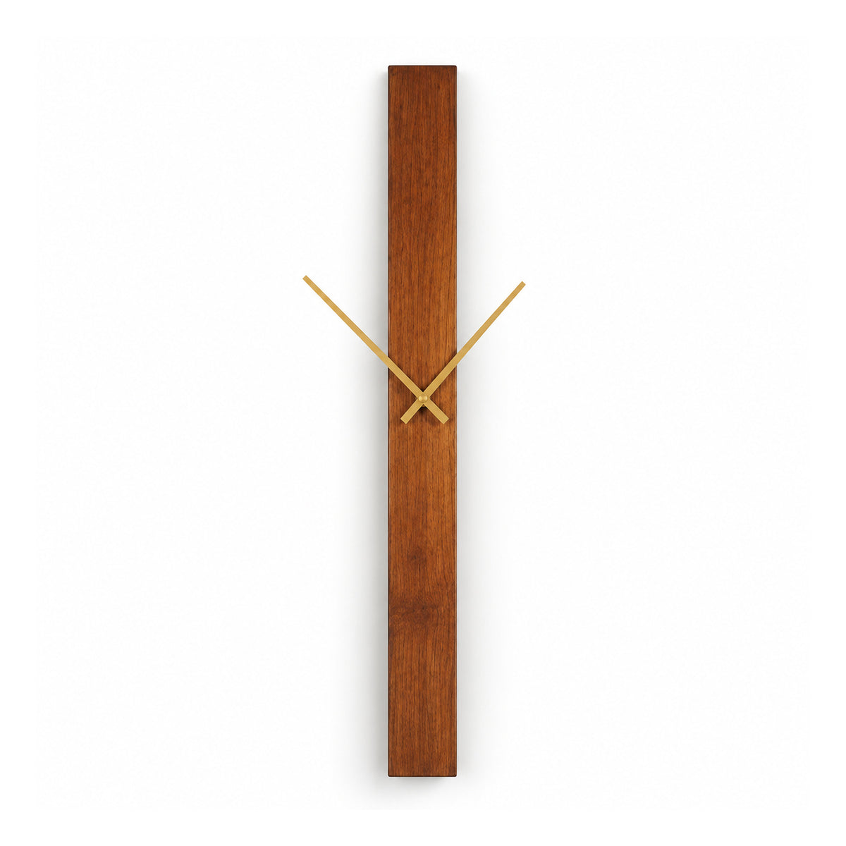Minimalist vertical dark wooden wall clock with a tall narrow rectangular face and slim gold-tone clock hands