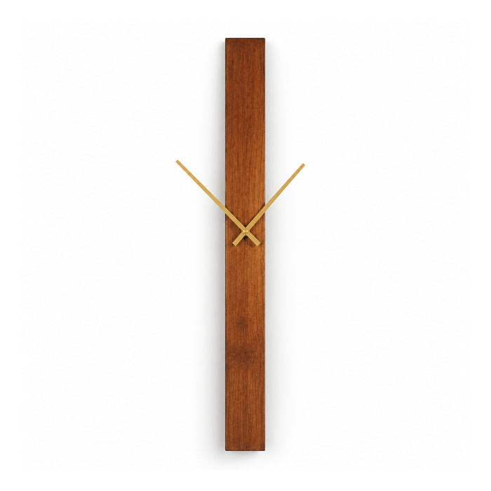 Minimalist vertical dark wooden wall clock with a tall narrow rectangular face and slim gold-tone clock hands