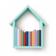 Mint-green wooden wall shelf shaped like a house with peaked roof, open front and colorful books resting on the lower ledge