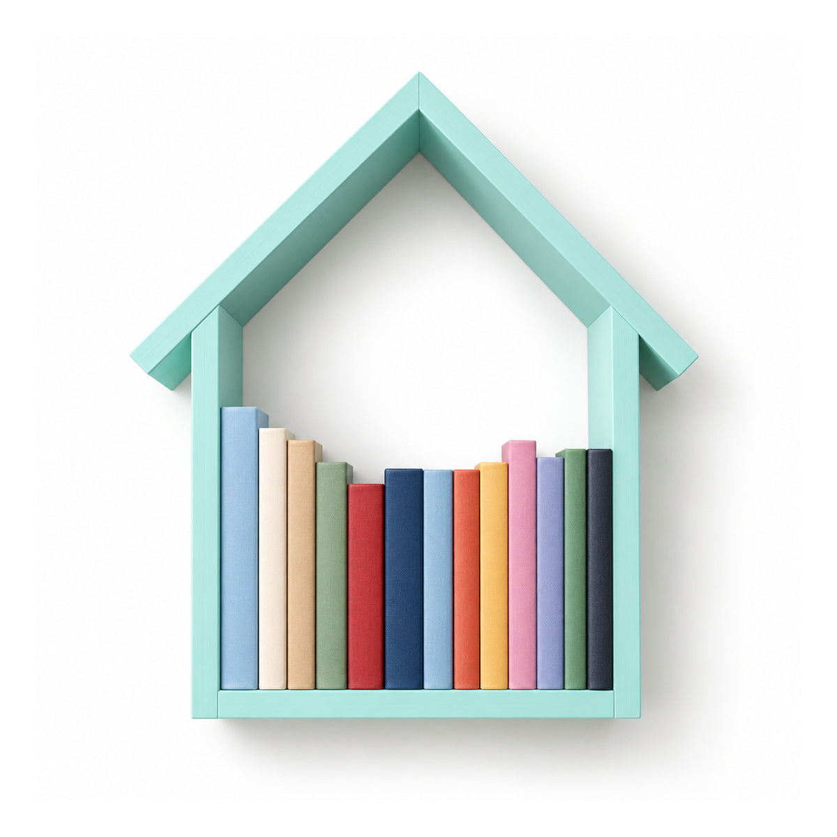 Mint-green wooden wall shelf shaped like a house with peaked roof, open front and colorful books resting on the lower ledge