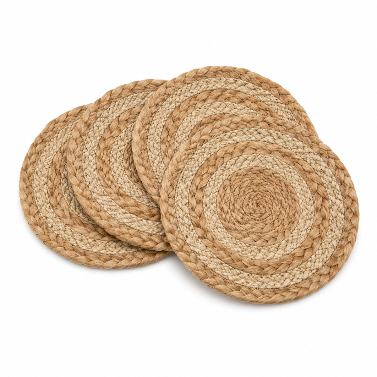 Mixed braid jute coaster set on a clean white background
