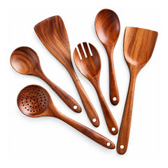 Six natural brown wooden cooking utensils with different spoon, slotted skimmer, fork and spatula heads and long slim handles