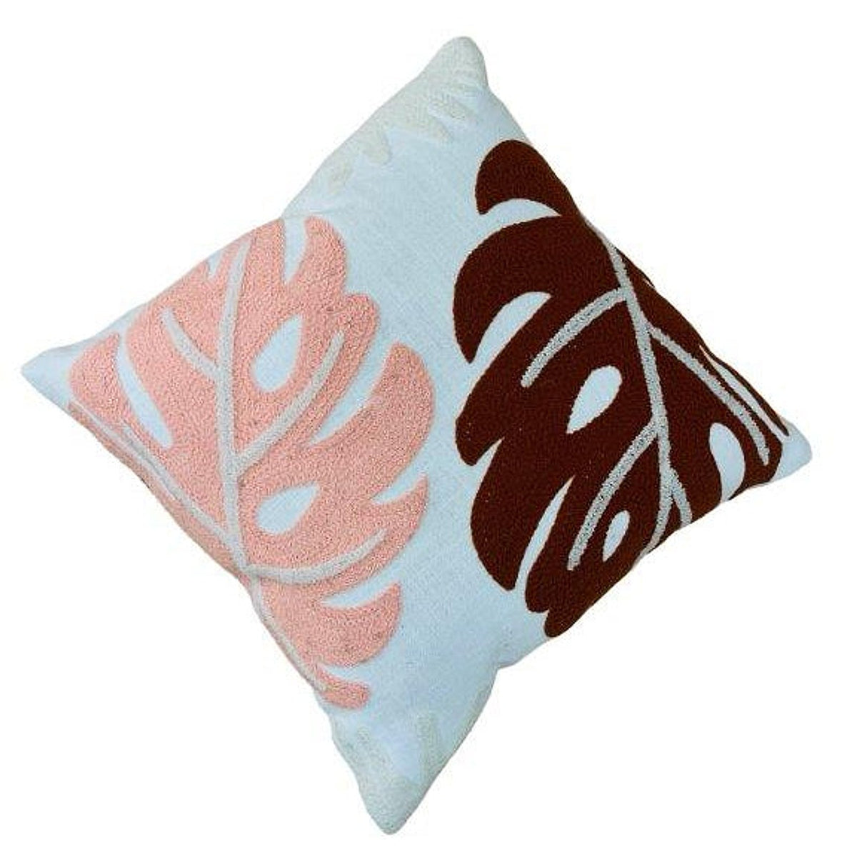 Blush Pink & Rust Monstera Embroidered Cotton Cushion Cover 45x45 cm