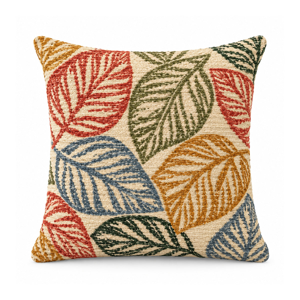 Primeval decorative throw cushion with coral red, mustard, olive green, and blue tropical leaves on a cream background, shown against a white background