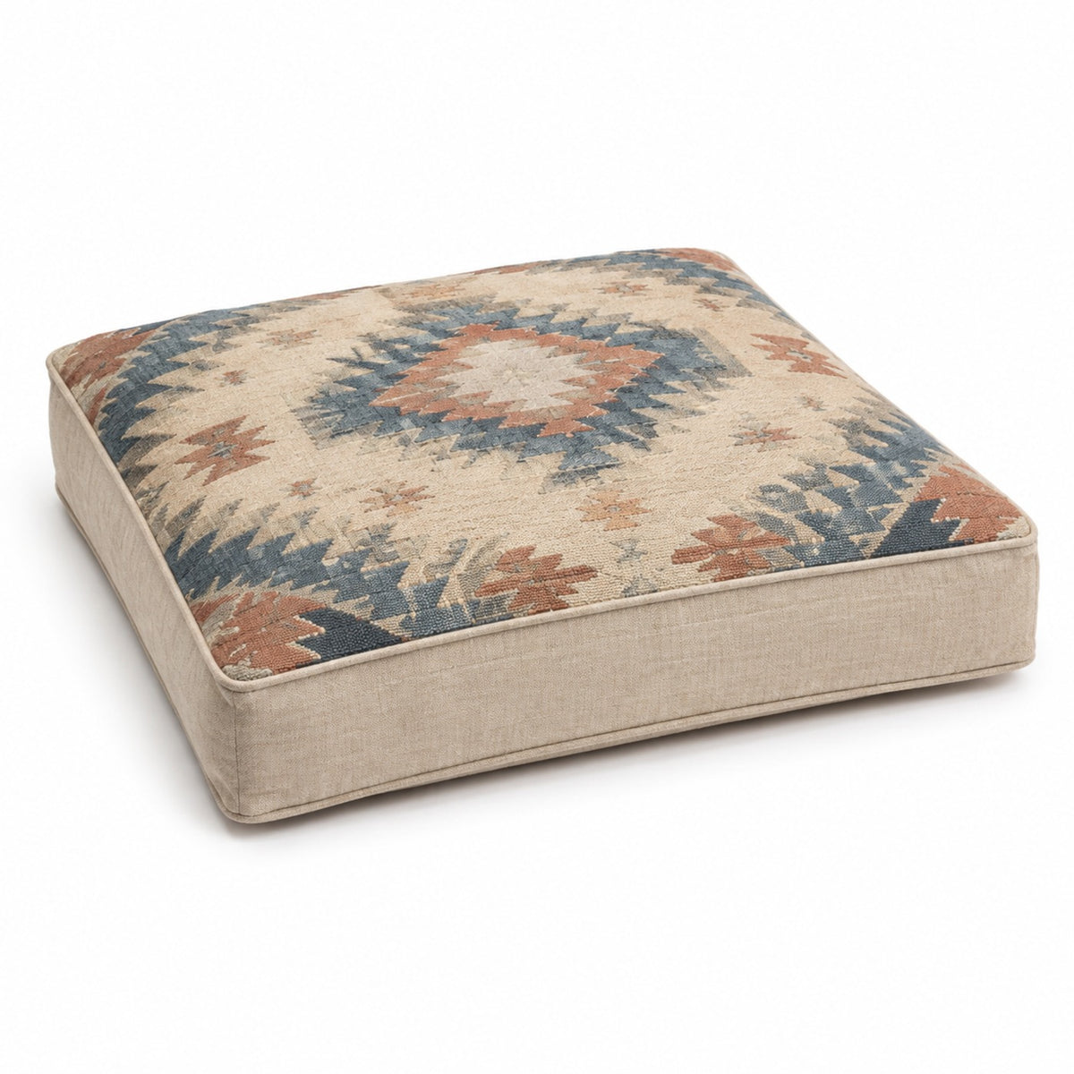 Multicolor kilim-style geometric square floor cushion on white background