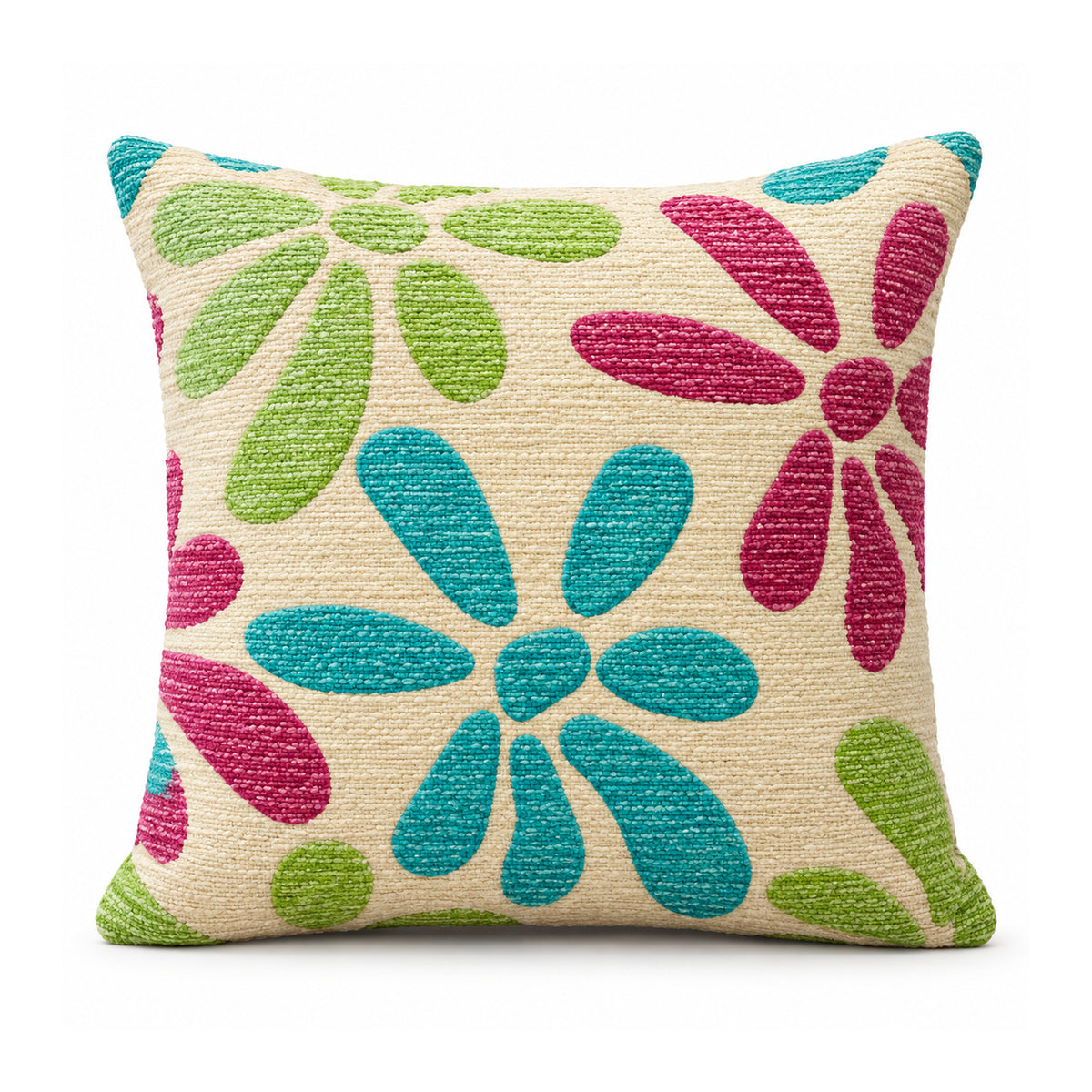 Primeval decorative cushion with large turquoise pink and lime green stylized flowers on a light ivory background