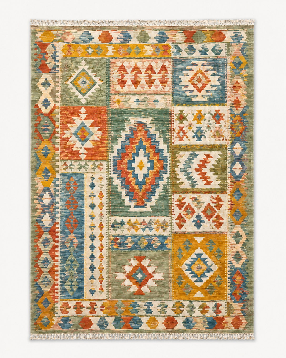 Multicolor patchwork geometric kilim rug in sage teal mustard and terracotta tones for wholesale sourcing