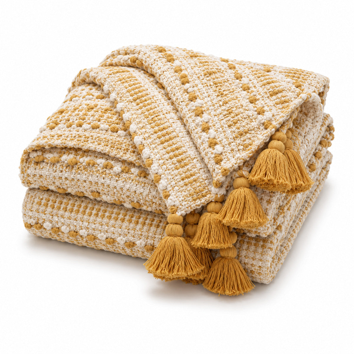 Mustard and Cream Textured Woven Throw with Tassels - Primeval