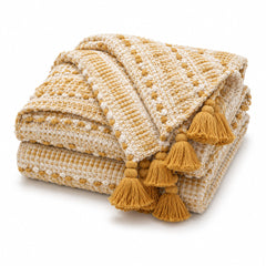 Mustard and Cream Textured Woven Throw with Tassels - Primeval