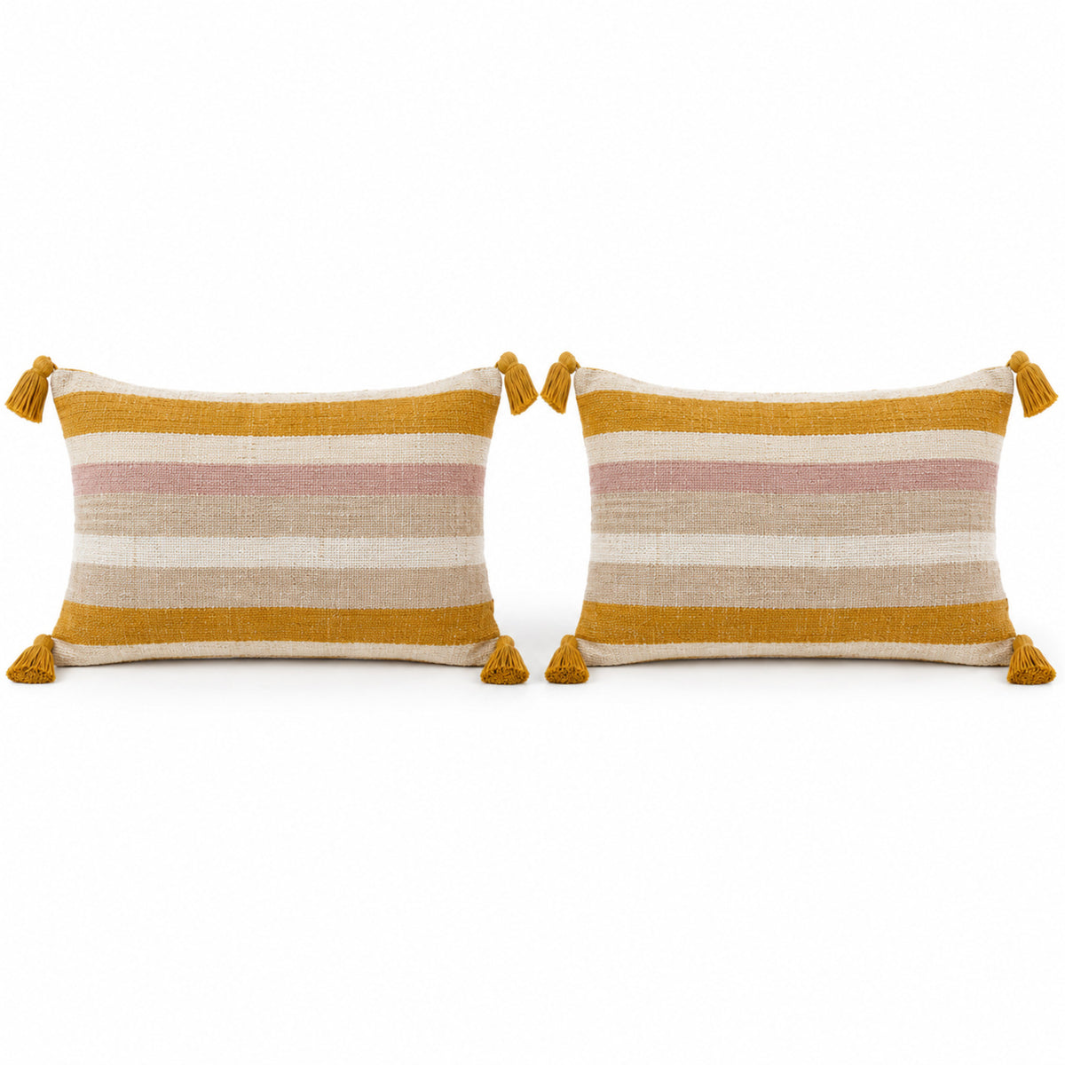 Pair of ivory lumbar cushions with mustard blush and taupe stripes and tassel corners