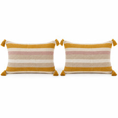Pair of ivory lumbar cushions with mustard blush and taupe stripes and tassel corners