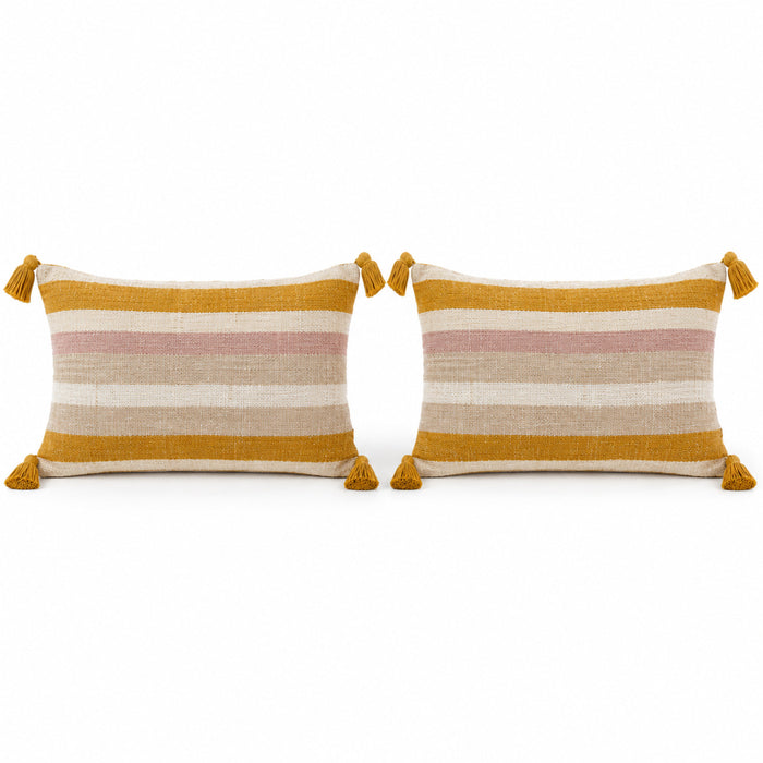 Pair of ivory lumbar cushions with mustard blush and taupe stripes and tassel corners