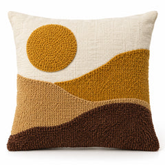 Ivory decorative cushion cover with mustard and brown abstract landscape texture and circular sun motif