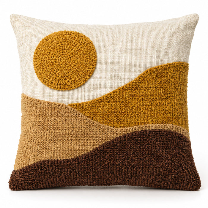 Ivory decorative cushion cover with mustard and brown abstract landscape texture and circular sun motif