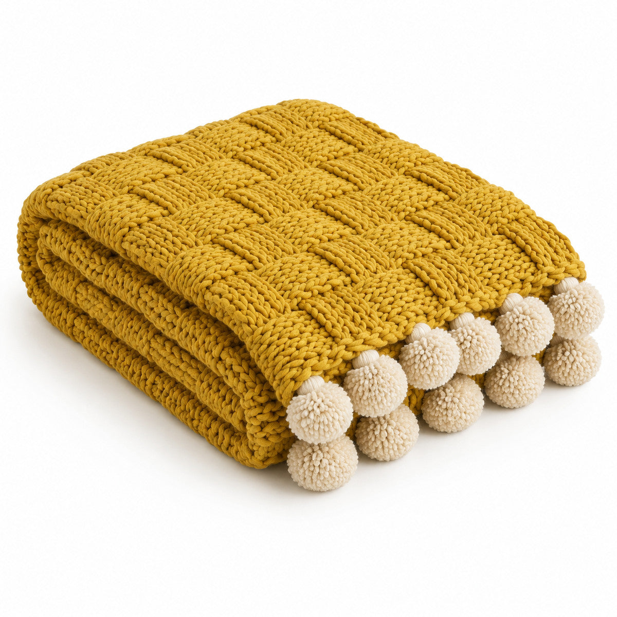 Mustard Chunky Knit Throw with Pom Poms - Primeval