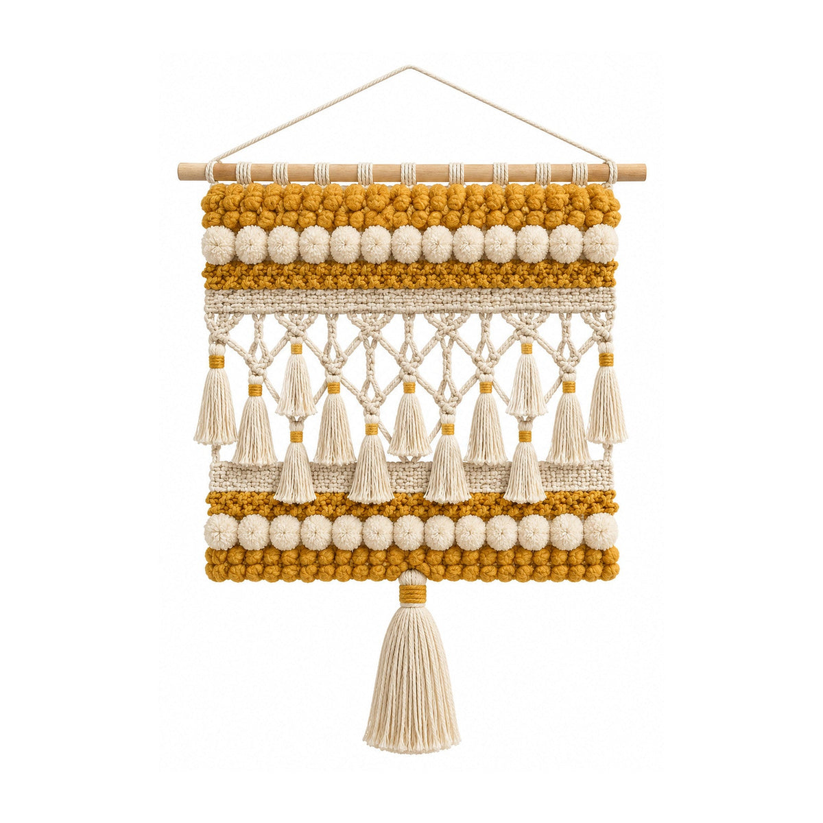 Mustard and cream beaded cotton wall hanging with macrame openwork and tassels