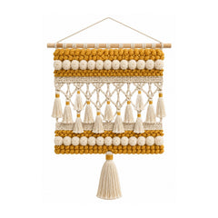 Mustard and cream beaded cotton wall hanging with macrame openwork and tassels
