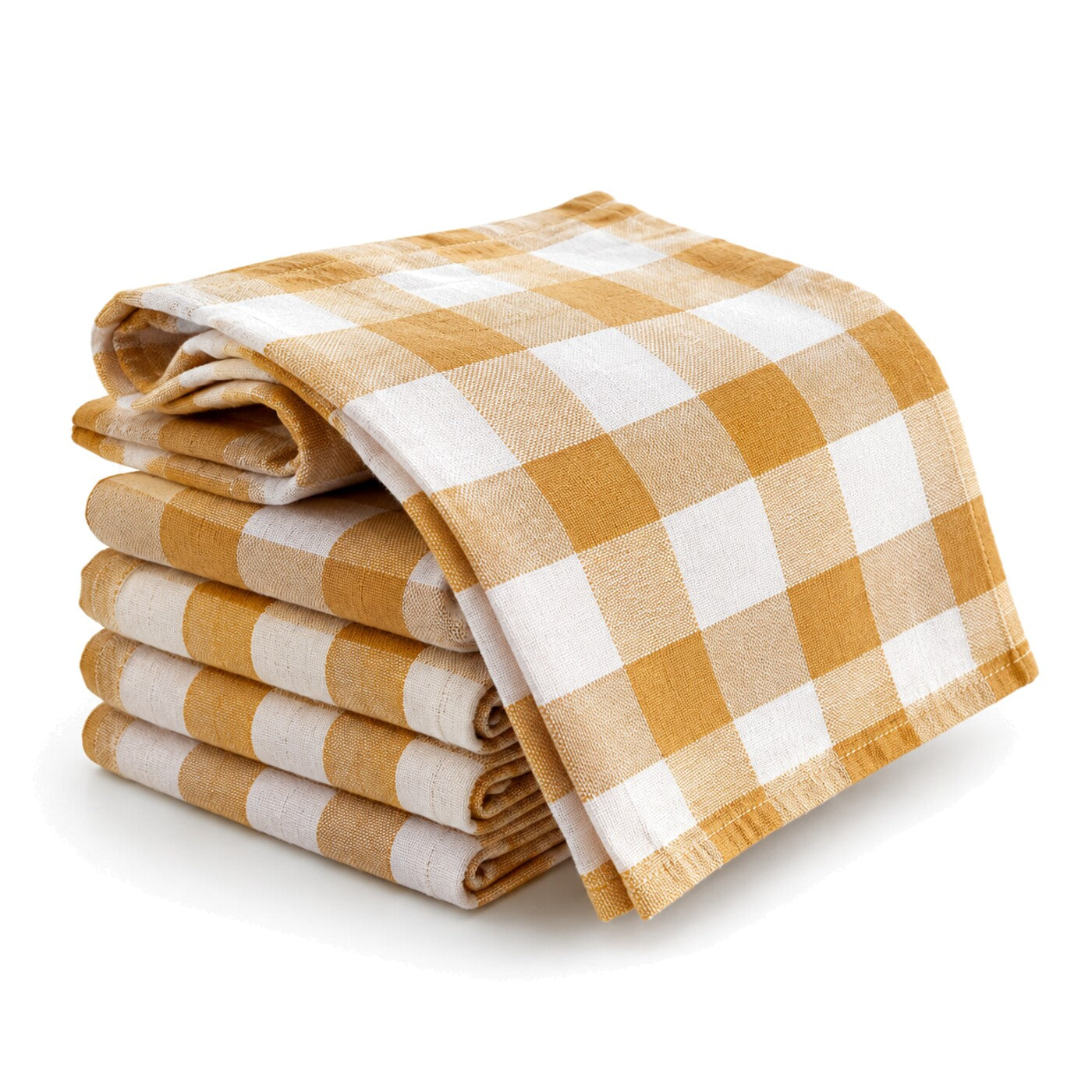 Primeval mustard and cream buffalo check cotton kitchen towel set in folded studio presentation