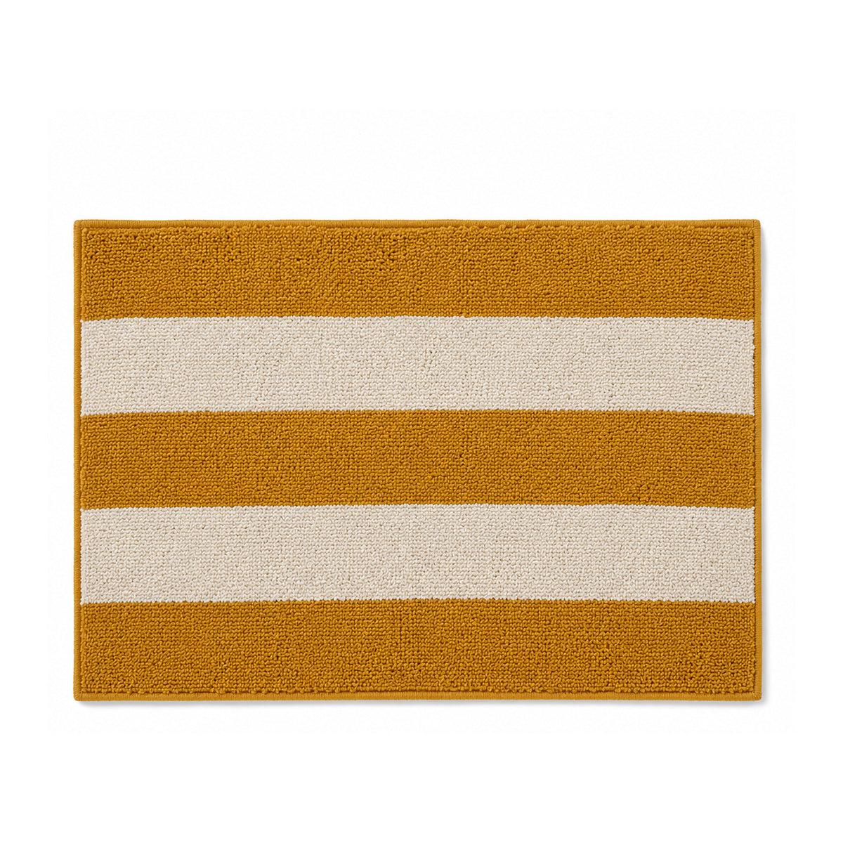 Mustard and cream striped bath mat on white background