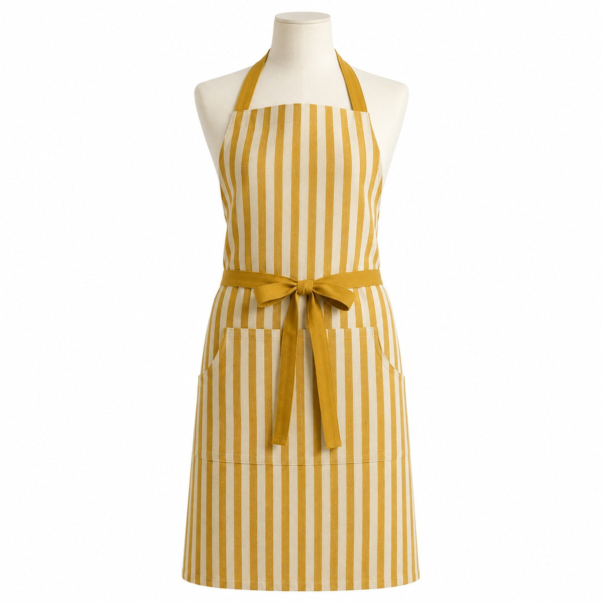 Primeval mustard and cream striped chef apron displayed on a dress form