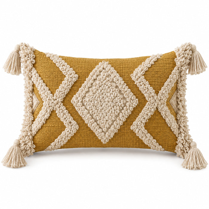 Handwoven Mustard & Cream Diamond Pattern Lumbar Cushion Cover with Tassel Details – 35 x 50 cm