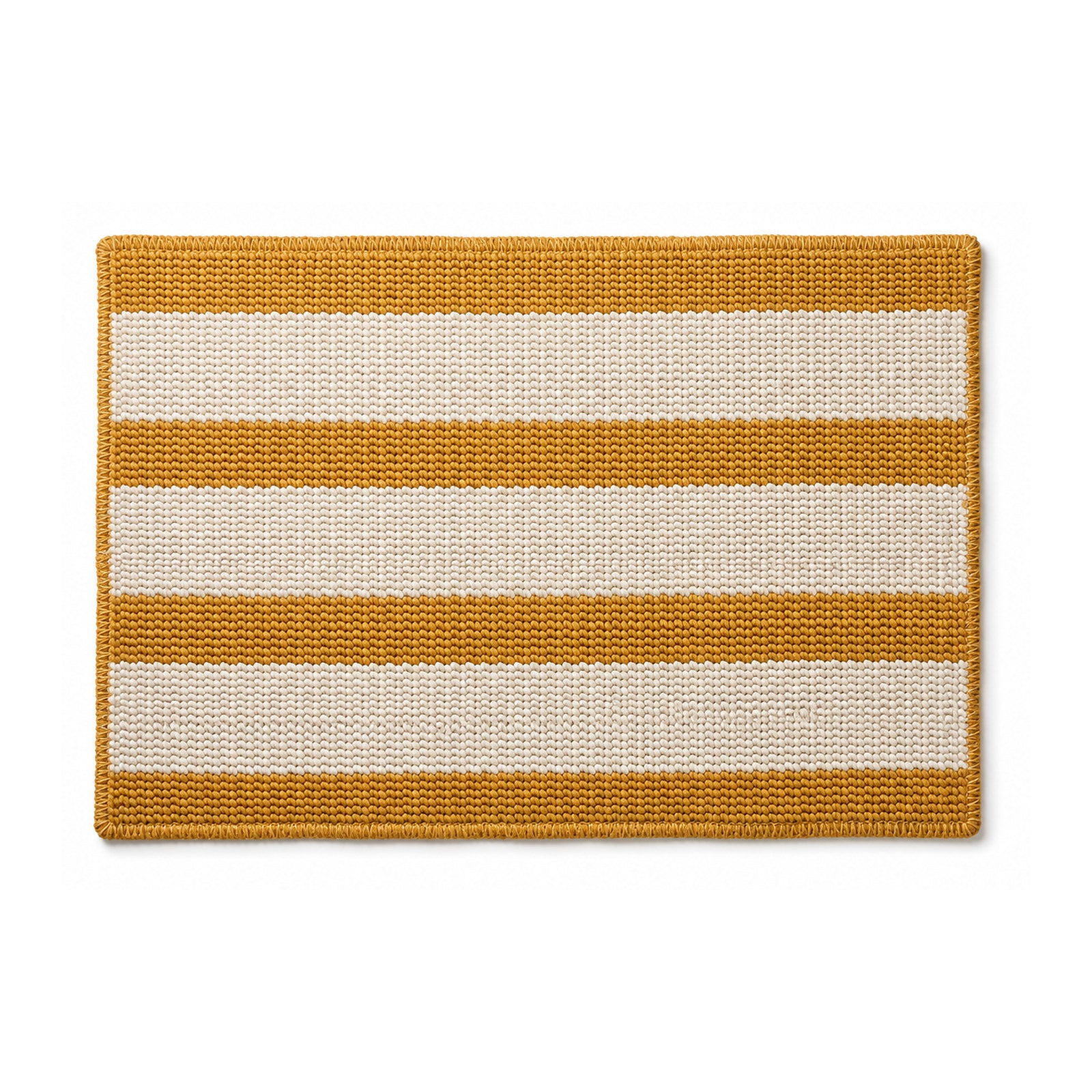 Mustard and cream woven striped bath mat on white background