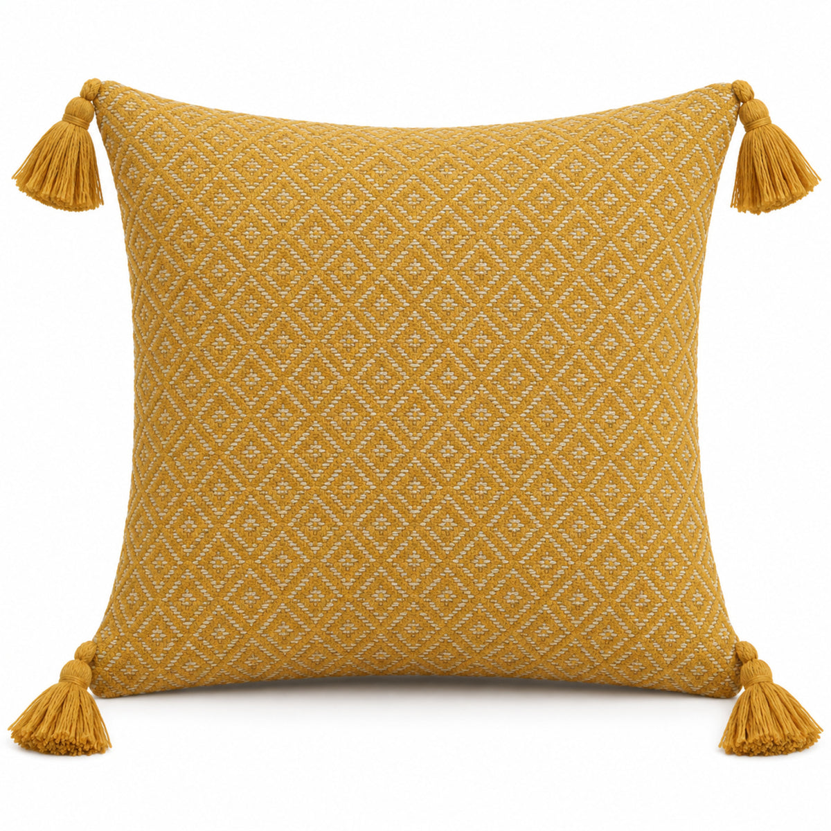 Mustard decorative cushion cover with subtle diamond texture and corner tassels